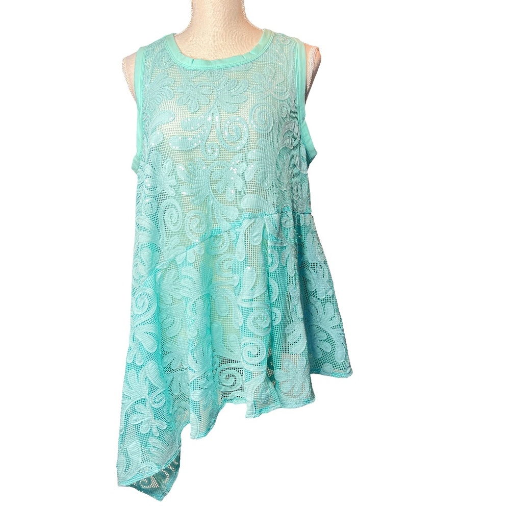 # A115 FT INC Green Boho Glam Lace Peplum VintageTop Asymmetrical NWT L - Picture 3 of 12